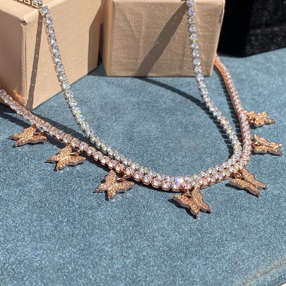 Butterfly Tennis Chain Choker Necklace Rose Gold